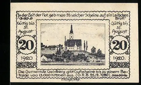 Notgeld Geinberg 1920, 20 Heller, Dorfkirche-Motiv, gültig bis 31. August