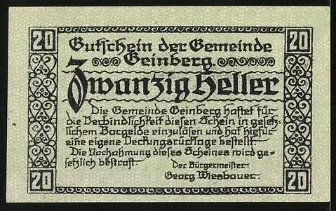 Notgeld Geinberg 1920, 20 Heller, Dorfkirche-Motiv, gültig bis 31. August