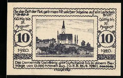 Notgeld Geinberg 1920, 10 Heller, Ansicht der Kirche und Dorfansicht