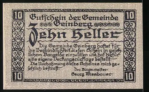 Notgeld Geinberg 1920, 10 Heller, Ansicht der Kirche und Dorfansicht