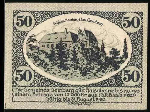 Notgeld Geinberg 1920, 50 Heller, Schloss Neuhaus bei Geinberg