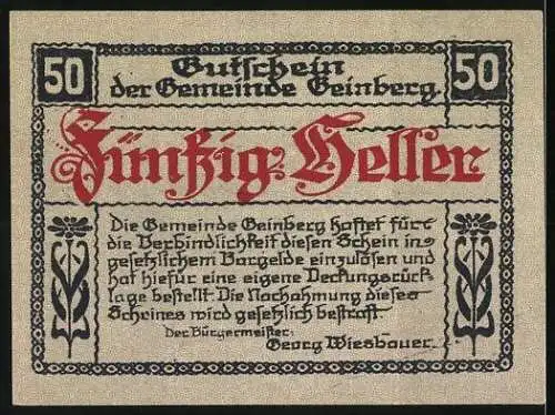 Notgeld Geinberg 1920, 50 Heller, Schloss Neuhaus bei Geinberg