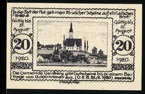 Notgeld Geinberg 1920, 20 Heller, Dorflandschaft mit Kirche