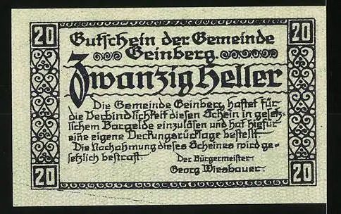 Notgeld Geinberg 1920, 20 Heller, Dorflandschaft mit Kirche