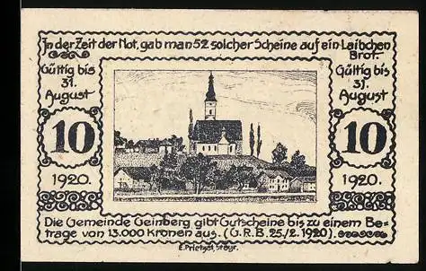 Notgeld Geinberg 1920, 10 Heller, Kirche und Landschaftsmotiv