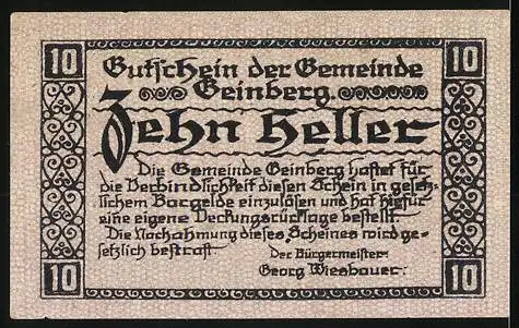 Notgeld Geinberg 1920, 10 Heller, Kirche und Landschaftsmotiv