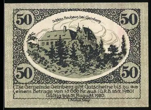 Notgeld Geinberg 1920, 50 Heller, Schloss Neuhaus bei Geinberg