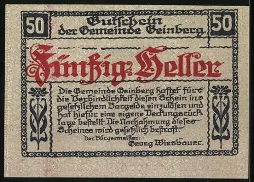 Notgeld Geinberg 1920, 50 Heller, Schloss Neuhaus bei Geinberg