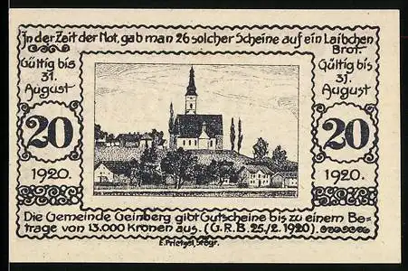 Notgeld Geinberg 1920, 20 Heller, Dorfansicht mit Kirche, gültig bis 31. August