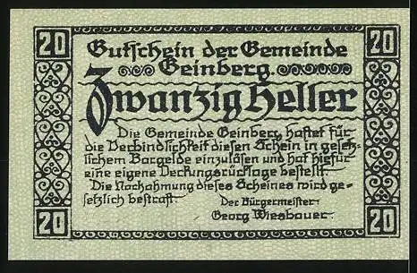 Notgeld Geinberg 1920, 20 Heller, Dorfansicht mit Kirche, gültig bis 31. August