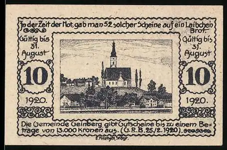 Notgeld Geinberg 1920, 10 Heller, Landschaft mit Kirche und Textmotiv