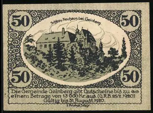 Notgeld Geinberg 1920, 50 Heller, Schloss Neuhaus bei Geinberg, dekorativer Text und Verzierungen