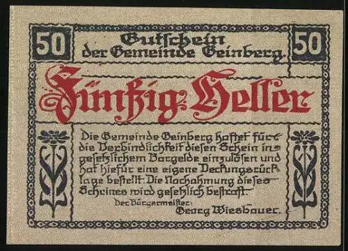 Notgeld Geinberg 1920, 50 Heller, Schloss Neuhaus bei Geinberg, dekorativer Text und Verzierungen