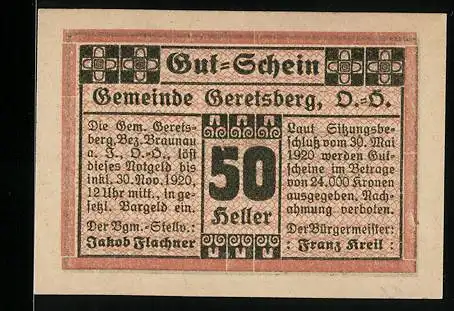 Notgeld Geretsberg 1920, 50 Heller, Ornamentmuster und Textgestaltung