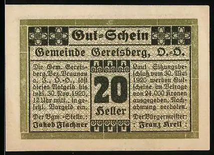 Notgeld Geretsberg 1920, 20 Heller, dekoratives Muster und Textfeld