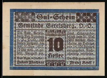 Notgeld Geretsberg 1920, 10 Heller, Textmuster mit dekorativem Rahmen