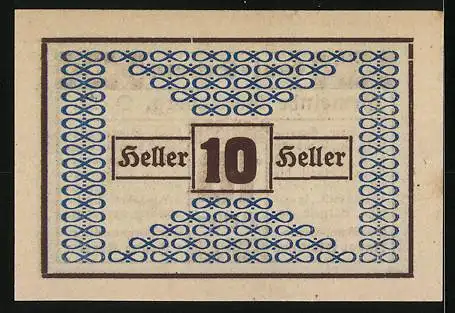 Notgeld Geretsberg 1920, 10 Heller, Textmuster mit dekorativem Rahmen