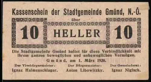 Notgeld Gmünd 1920, 10 Heller, Kassenschein mit Stadtsiegel und Unterschriften der Gemeindeleitung