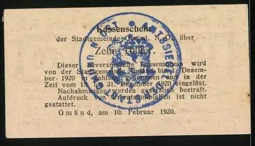 Notgeld Gmünd 1920, 10 Heller, Kassenschein mit Stadtsiegel und Unterschriften der Gemeindeleitung