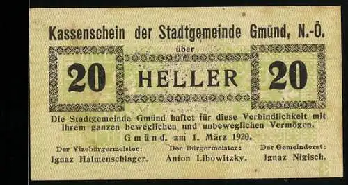 Notgeld Gmünd 1920, 20 Heller, Kassenschein mit Behördenangaben und Stempel