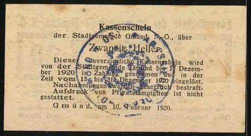 Notgeld Gmünd 1920, 20 Heller, Kassenschein mit Behördenangaben und Stempel