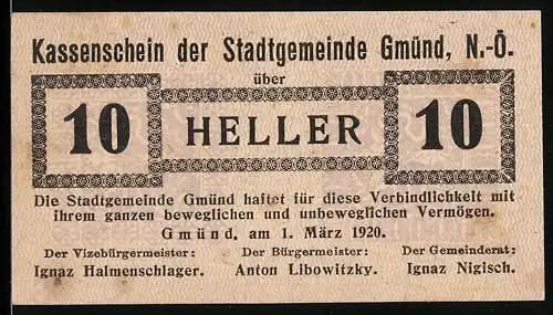 Notgeld Gmünd 1920, 10 Heller, Text mit Stempel und Beamtenunterschriften