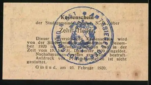 Notgeld Gmünd 1920, 10 Heller, Text mit Stempel und Beamtenunterschriften