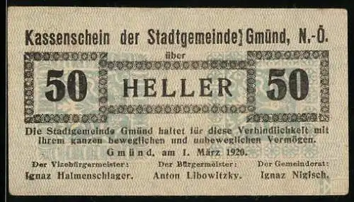 Notgeld Gmünd 1920, 50 Heller, Kassenschein der Stadtgemeinde Gmünd, Text und Stempel