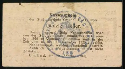 Notgeld Gmünd 1920, 50 Heller, Kassenschein der Stadtgemeinde Gmünd, Text und Stempel