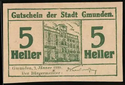 Notgeld Gmunden 1920, 5 Heller, Stadthaus-Abbildung