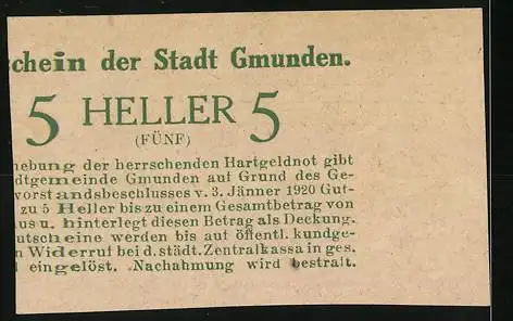 Notgeld Gmunden 1920, 5 Heller, Stadthaus-Abbildung