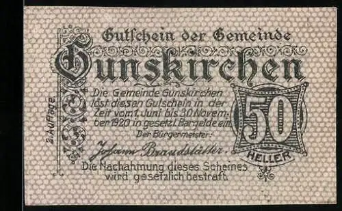 Notgeld Gunskirchen 1920, 50 Heller, Ortsansicht mit Kirche, 2. Auflage