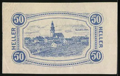 Notgeld Gunskirchen 1920, 50 Heller, Ortsansicht mit Kirche, 2. Auflage