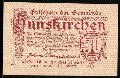 Notgeld Gunskirchen 1920, 50 Heller, Stadtansicht mit Kirche und dekorativer Schriftzug