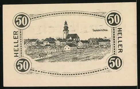 Notgeld Gunskirchen 1920, 50 Heller, Stadtansicht mit Kirche und dekorativer Schriftzug