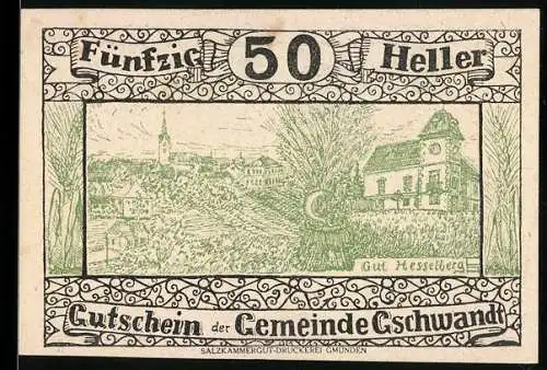 Notgeld Gschwandt 1920, 50 Heller, Gut Hesselberg und Ortsansicht, Gutschein der Gemeinde Gschwandt bei Gmunden