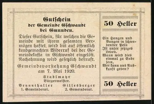 Notgeld Gschwandt 1920, 50 Heller, Gut Hesselberg und Ortsansicht, Gutschein der Gemeinde Gschwandt bei Gmunden