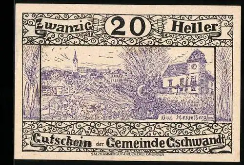 Notgeld Gschwandt 1920, 20 Heller, Stadtansicht und Gut Hesselberg