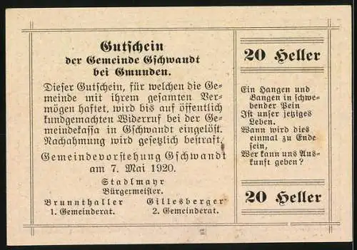 Notgeld Gschwandt 1920, 20 Heller, Stadtansicht und Gut Hesselberg