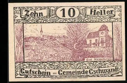 Notgeld Gschwandt 1920, 10 Heller, Landschaft mit Gut Hesselberg und Gedicht