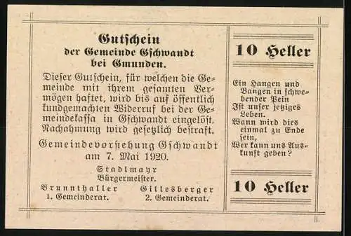 Notgeld Gschwandt 1920, 10 Heller, Landschaft mit Gut Hesselberg und Gedicht