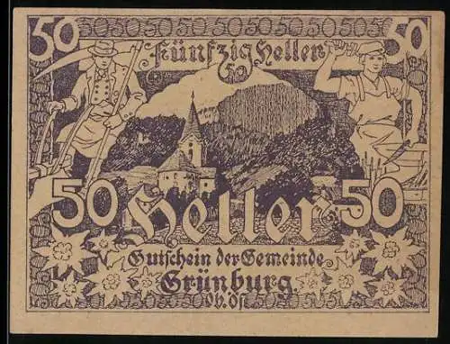 Notgeld Grünburg 1920, 50 Heller, Berglandschaft mit Arbeitern und Kirche