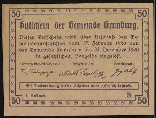 Notgeld Grünburg 1920, 50 Heller, Berglandschaft mit Arbeitern und Kirche