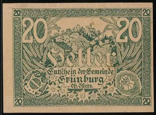 Notgeld Grünburg 1920, 20 Heller, Landschaftsmotiv mit Wappen und floralen Elementen