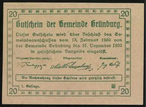 Notgeld Grünburg 1920, 20 Heller, Landschaftsmotiv mit Wappen und floralen Elementen