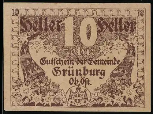 Notgeld Grünburg 1920, 10 Heller, florales Motiv mit Wappen, 1. Auflage