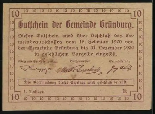 Notgeld Grünburg 1920, 10 Heller, florales Motiv mit Wappen, 1. Auflage