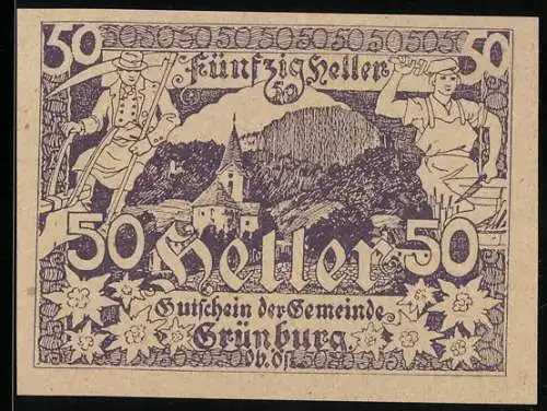 Notgeld Grünburg 1920, 50 Heller, Berglandschaft mit Arbeitern und Kirche