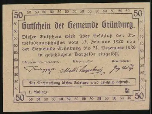 Notgeld Grünburg 1920, 50 Heller, Berglandschaft mit Arbeitern und Kirche