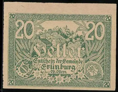 Notgeld Grünburg 1920, 20 Heller, Stadtansicht und Wappen, Gutschein der Gemeinde